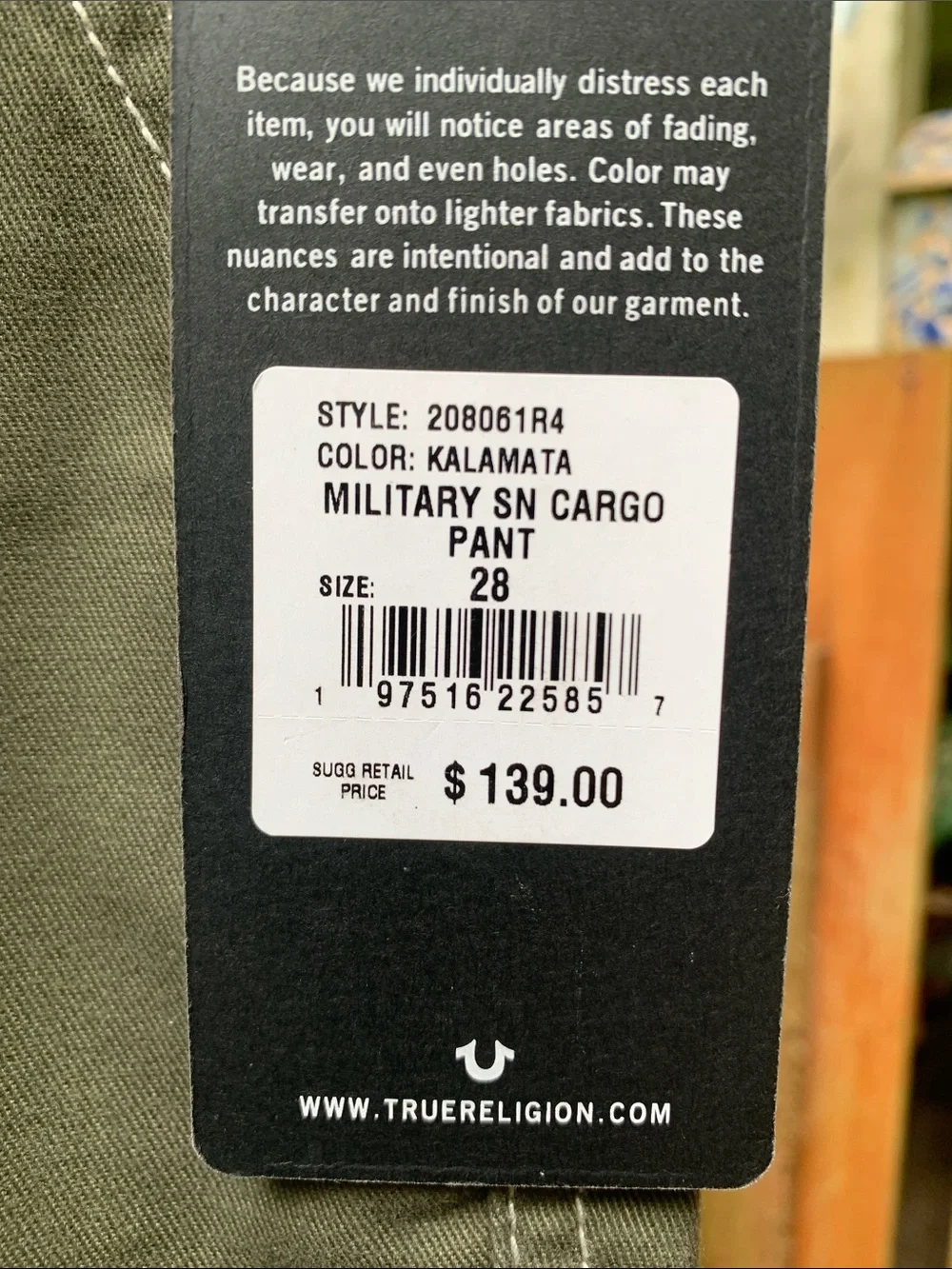 True Religion Olive Cargo Utility Pants NWT